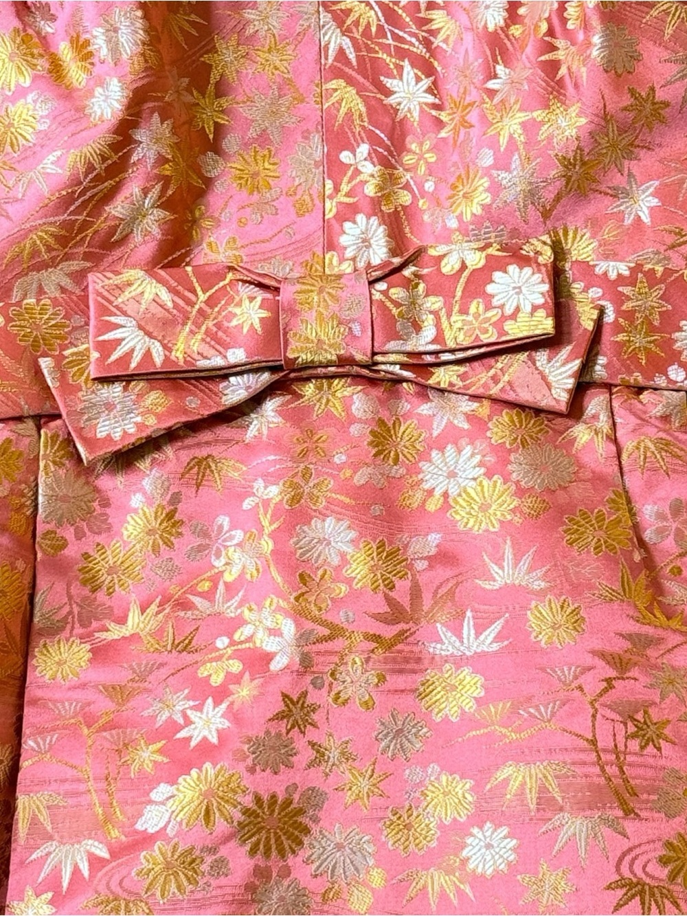 Handmade Silk Brocade Dress Pink Gold Floral Asian Inspired Bow Waist Small - Picture 6 of 11